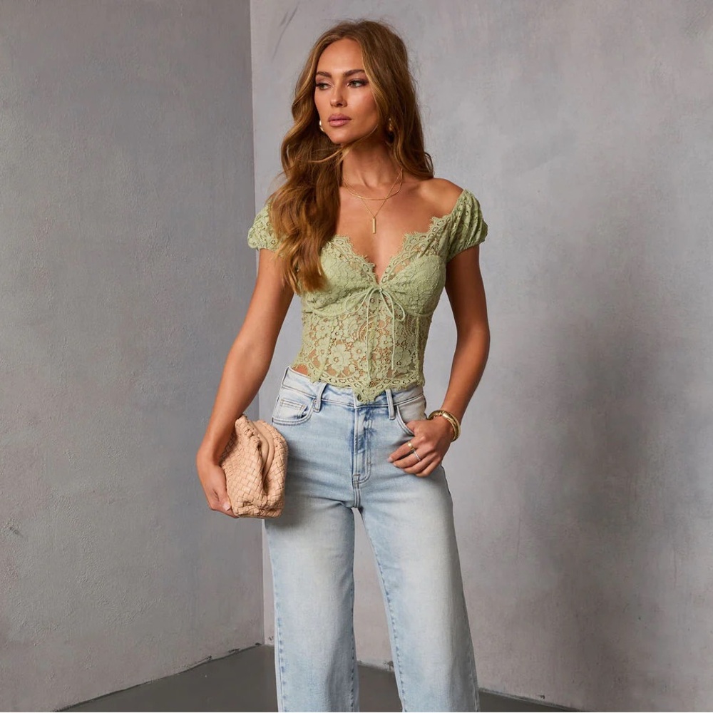 VICI Sage Green Lace Corset Crop Top with Sleeves